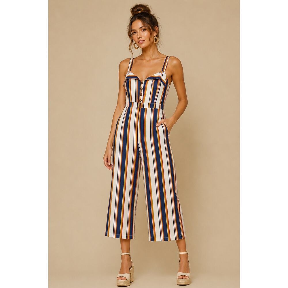 Faithfull The Brand Scout Stripe Linen Jumpsuit Wide Leg Size 2 (XS) Sweetheart